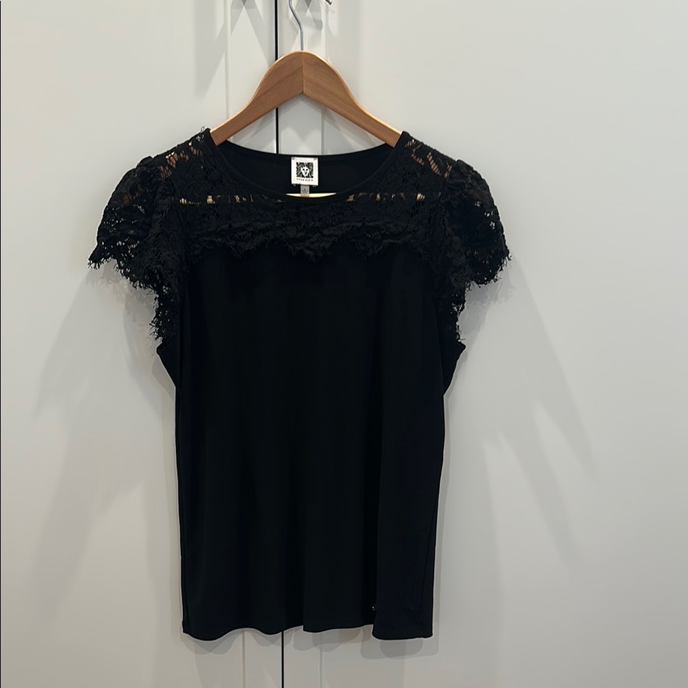 Anne Klein Black Lace Embellished Cap Sleeve Blouse